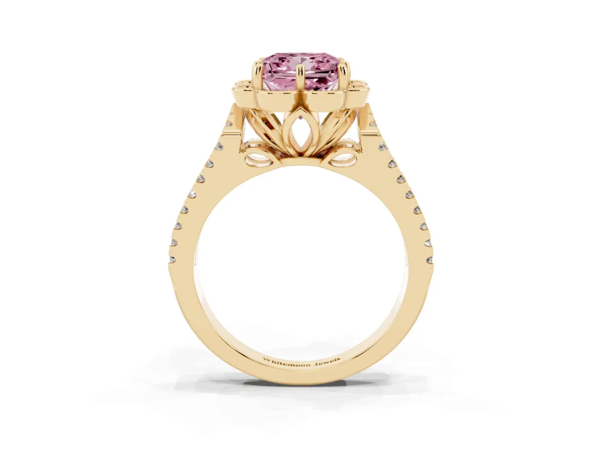 Fancy Pink Princess Cut Halo Diamond Floral Split Shank Engagement Ring Yellow gold