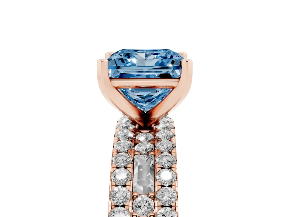 Fancy Blue Princess Cut Diamond Solitaire Ring with Pavé and Channel Set Band Rose gold