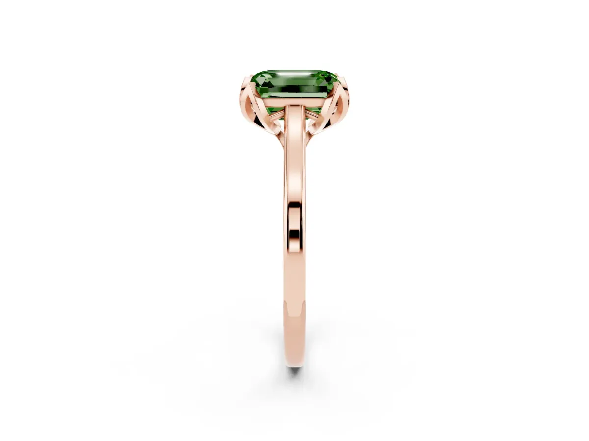 Fancy Green Emerald Cut Diamond Solitaire Ring with Flower Prong Setting and Classic Band Rose gold