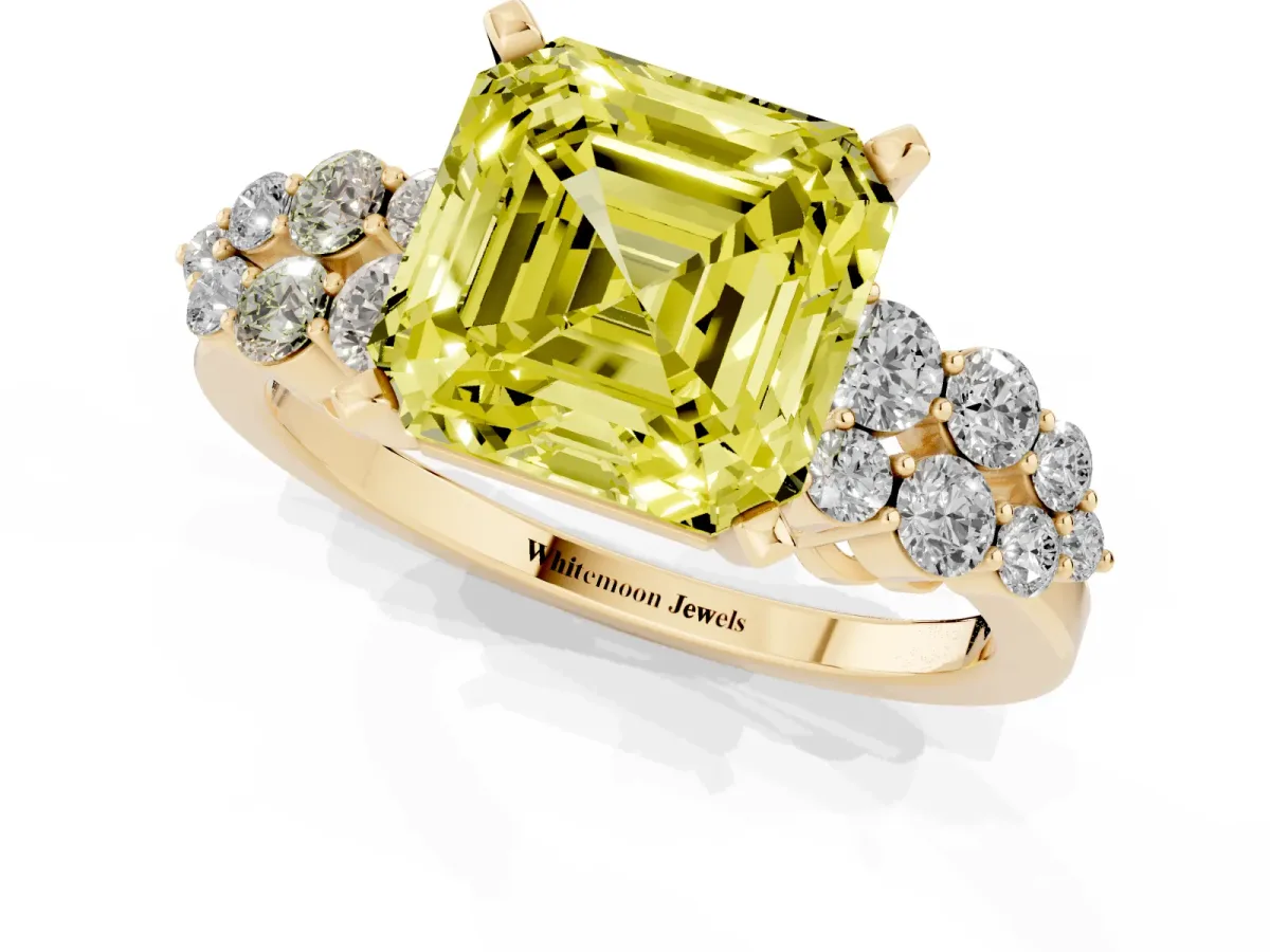 Fancy Yellow Asscher Cut Cluster Diamond Engagement Ring with Pavé Band and Four-Prong Setting Yellow gold