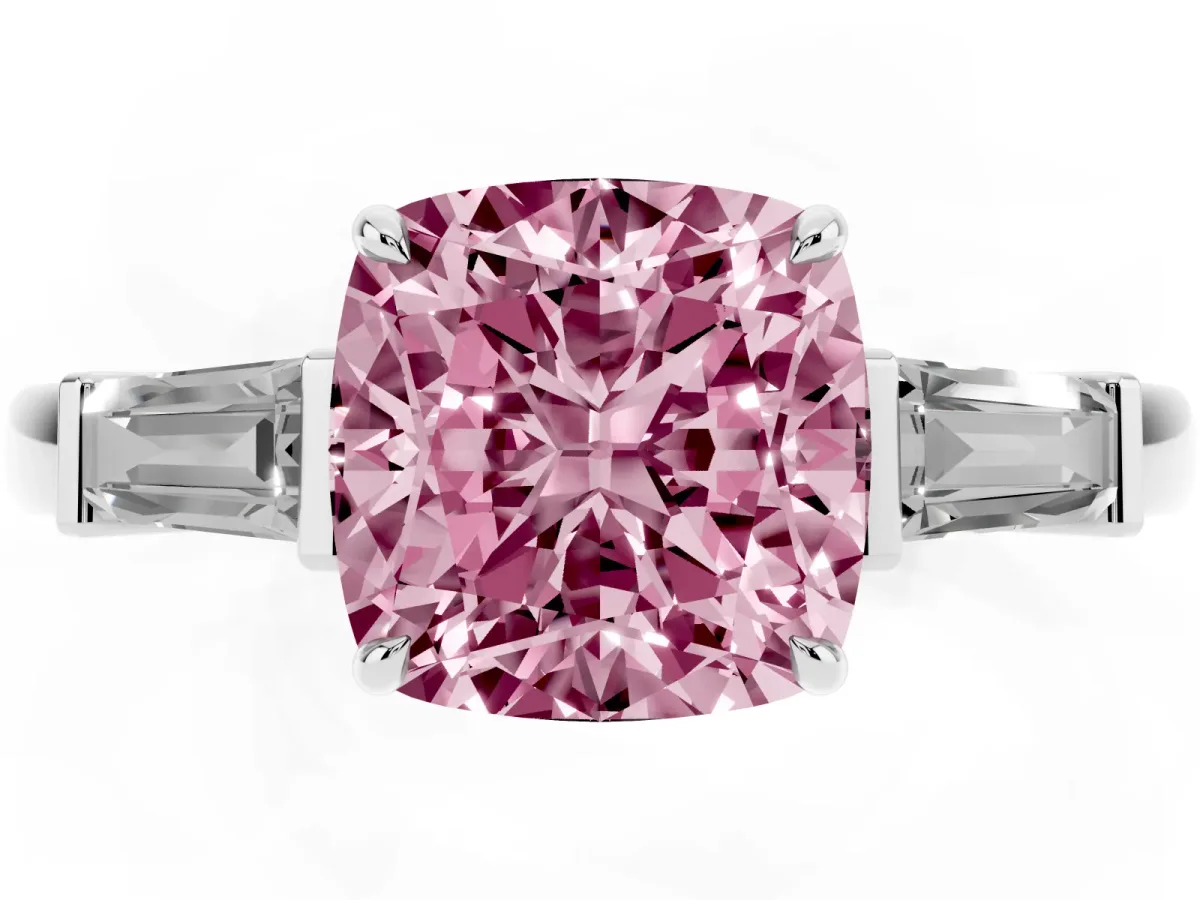 Fancy Pink Cushion Cut Diamond Three-Stone Ring with Tapered Baguette Side Stones and Prong Setting Silver