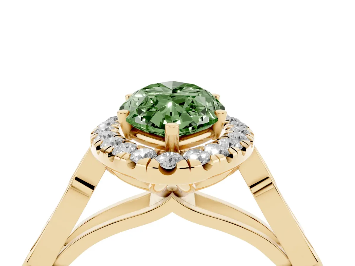 Fancy Green Marquise Cut Halo Diamond Engagement Ring with Filigree Band and Four-Prong Setting Yellow gold