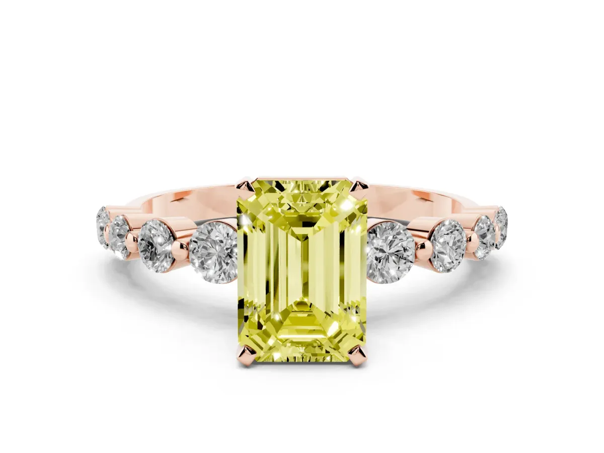 Fancy Yellow Emerald Cut Solitaire Diamond Ring with Pave Band and Four-Prong Setting Rose gold