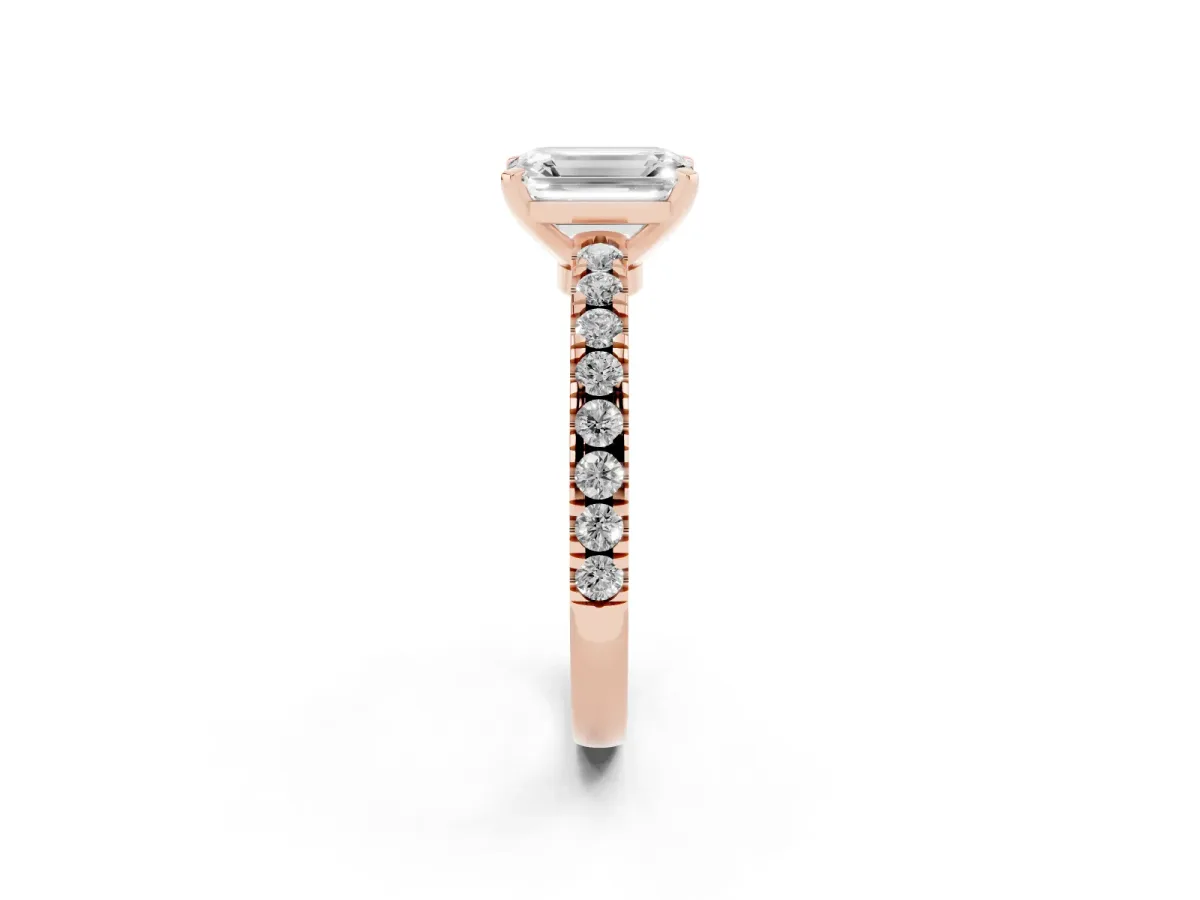 Emerald Cut Solitaire Diamond with Pavé Band and Four-Prong Setting Rose gold