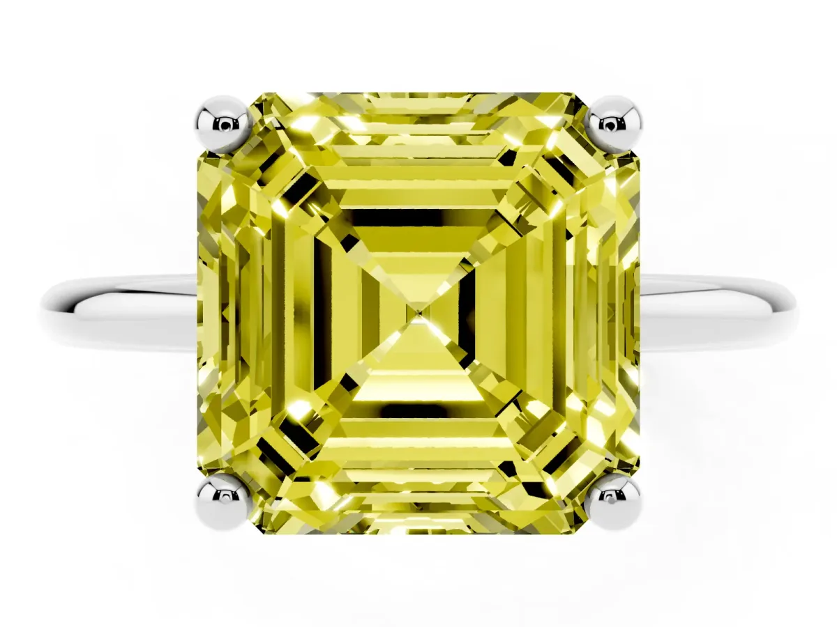 Fancy Yellow Asscher Cut Solitaire Diamond Ring with 4-Prong Setting on a Classic Band Silver