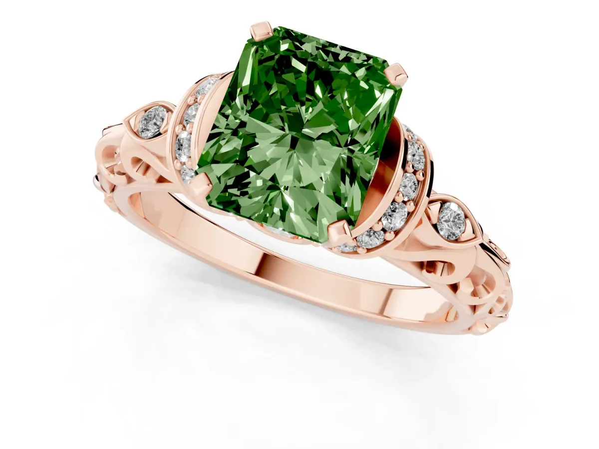 Fancy Green Radiant Cut Diamond Solitaire Ring with Filigree Band and Four-Prong Setting Rose gold