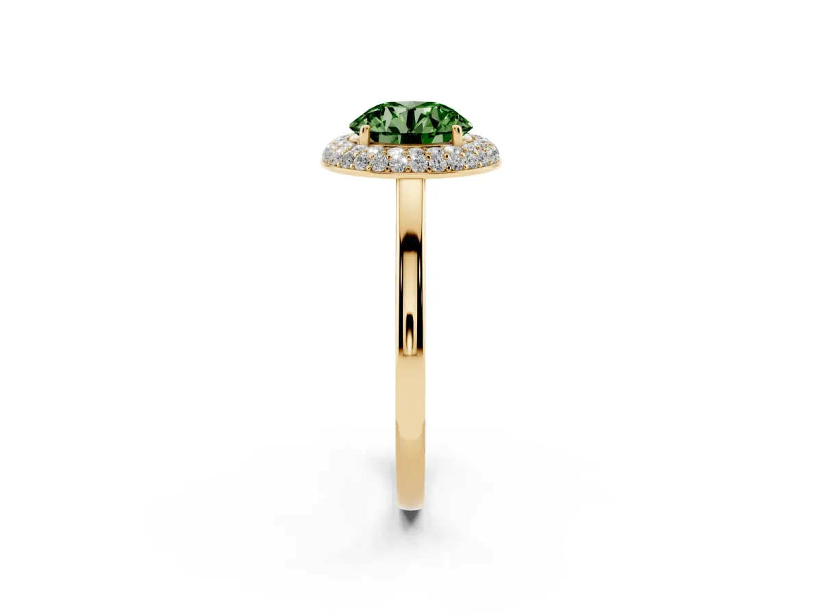 Fancy Green Round Cut Halo Diamond Engagement Ring with Solitaire Band and Four-Prong Setting Yellow gold