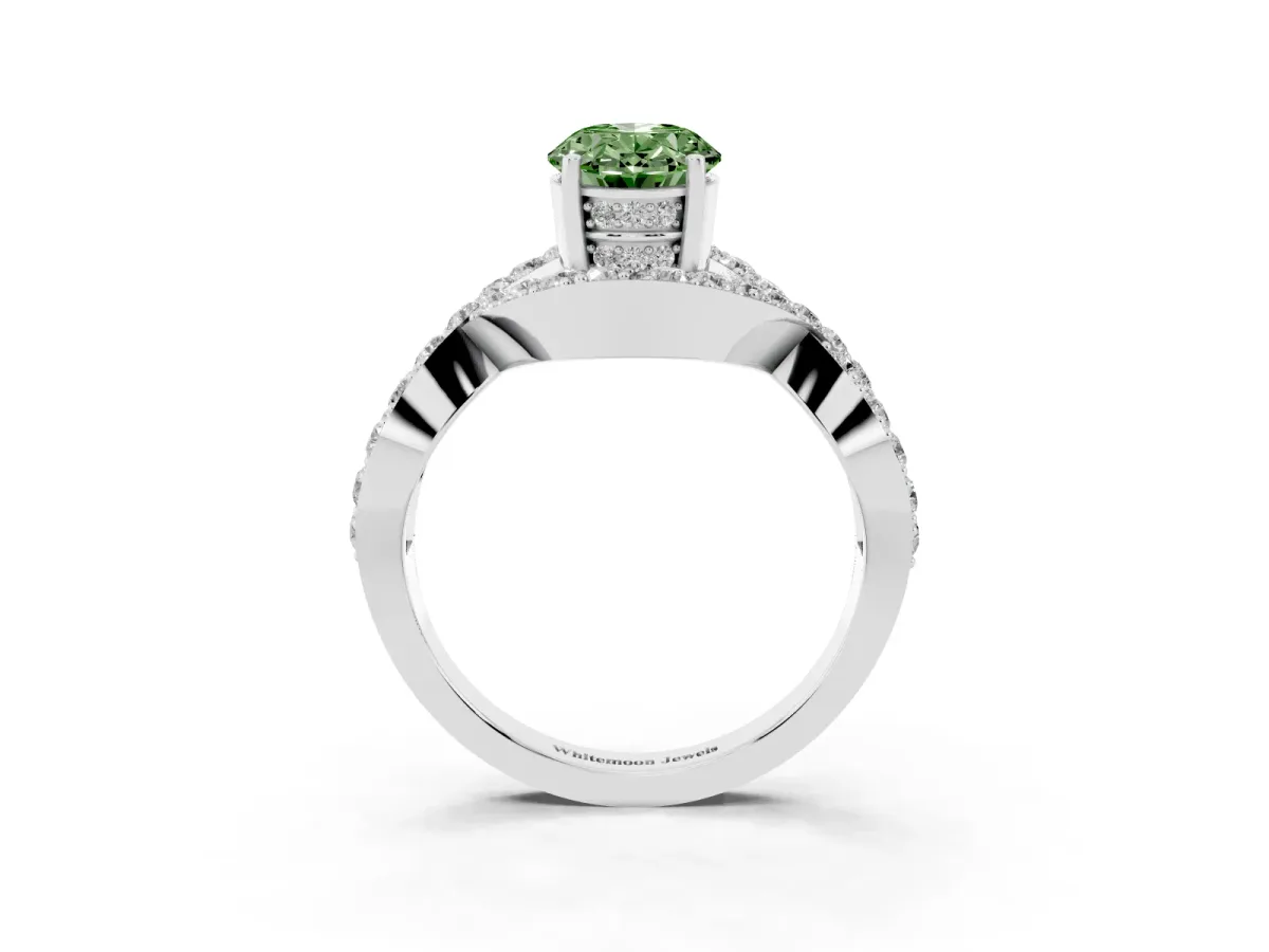 Fancy Green Oval Cut Solitaire Twist Band Pavé Diamond Engagement Ring Platinum