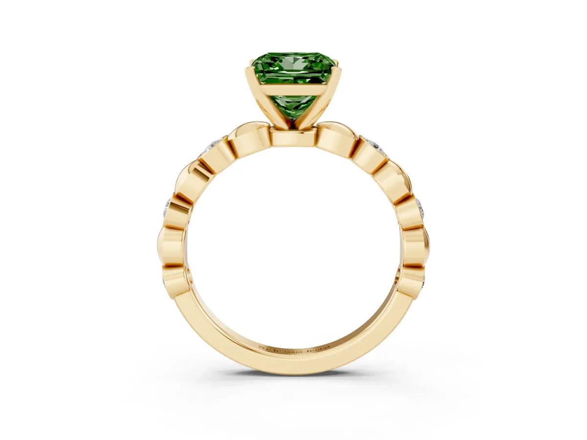 Fancy Green Princess Cut Solitaire Bezel-Set Diamond Ring with Beaded Band and Four-Prong Setting Yellow gold