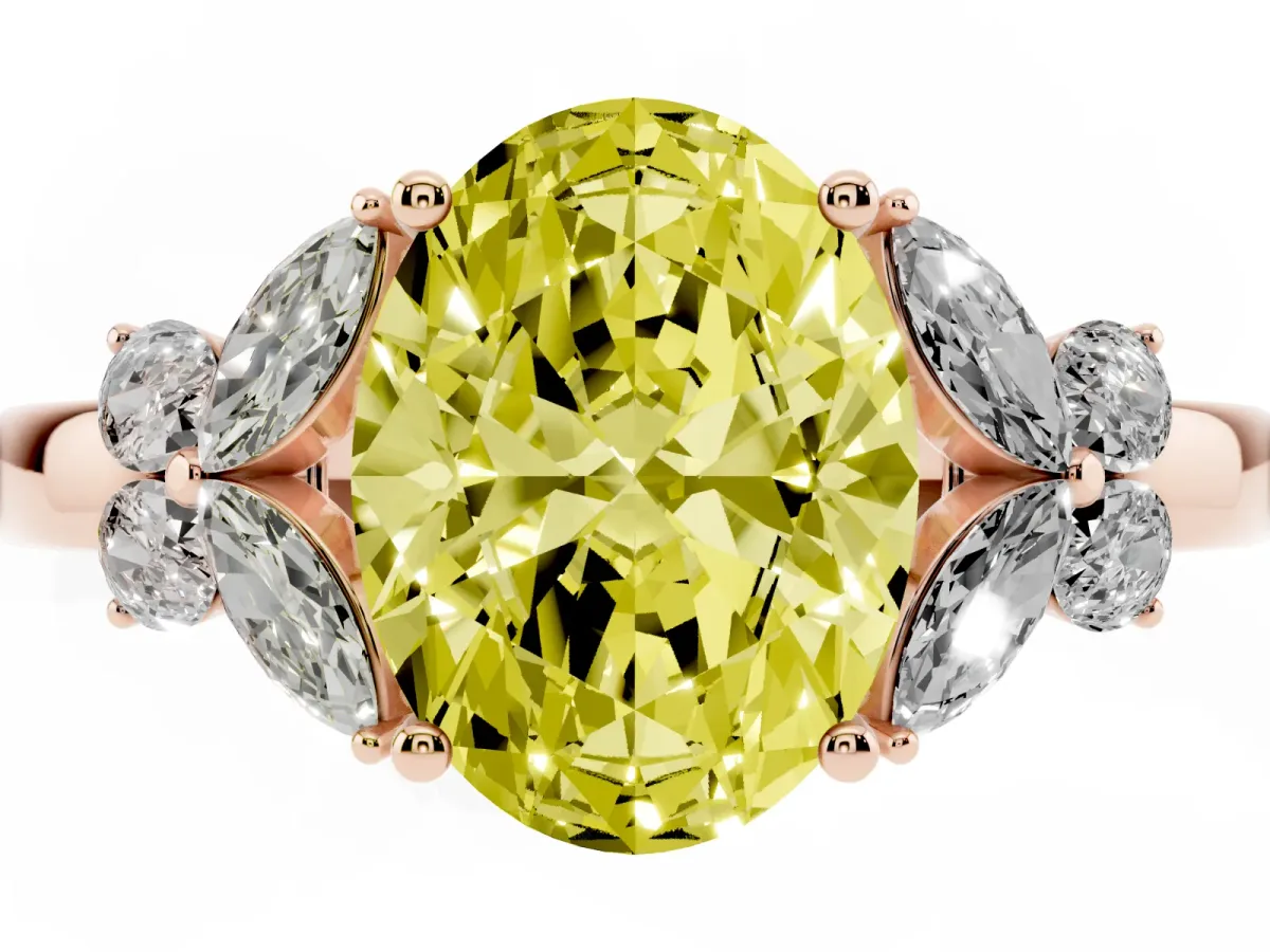 Fancy Yellow Oval Cut Cut Solitaire Floral Diamond Ring with Four-Prong Setting Rose gold