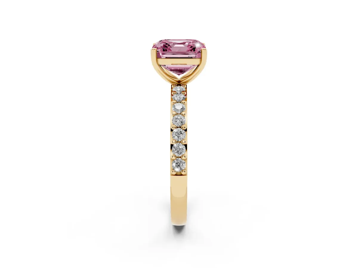 Fancy Pink Asscher Cut Cut Diamond Solitaire with Pave Band and Four-Prong Setting Yellow gold