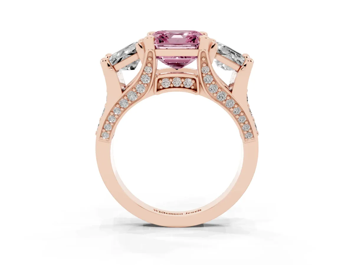 Fancy Pink Asscher Cut Diamond Three-Stone Ring with Channel Set Band and Four-Prong Setting Rose gold