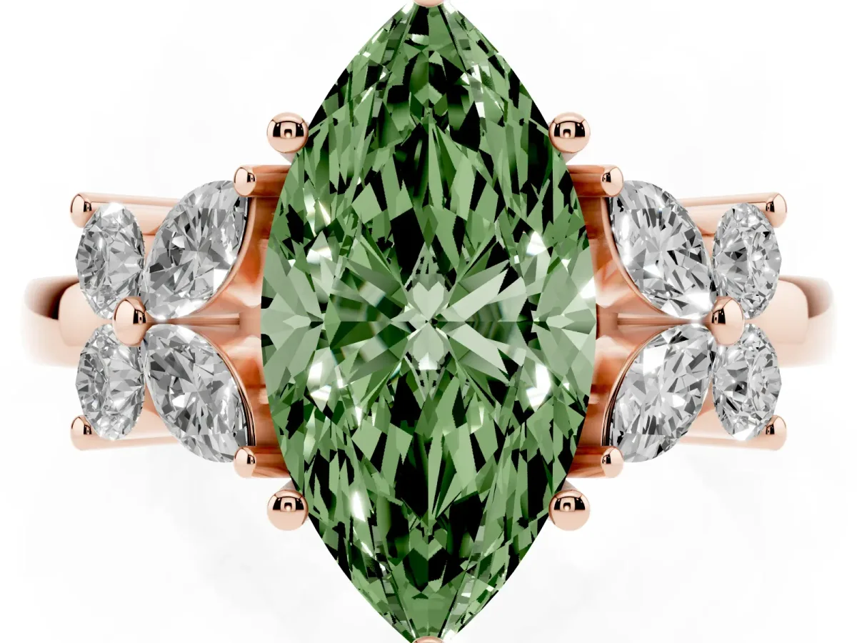 Fancy Green Marquise Cut Diamond Floral Cluster Ring with Solitaire Band and Prong Setting Rose gold