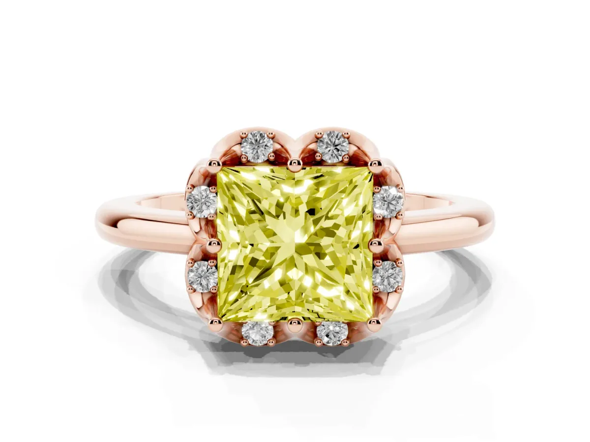 Fancy Yellow Princess Cut Halo Diamond Ring with Round Cluster Setting, Solitaire Band, and Four-Prong Setting Rose gold