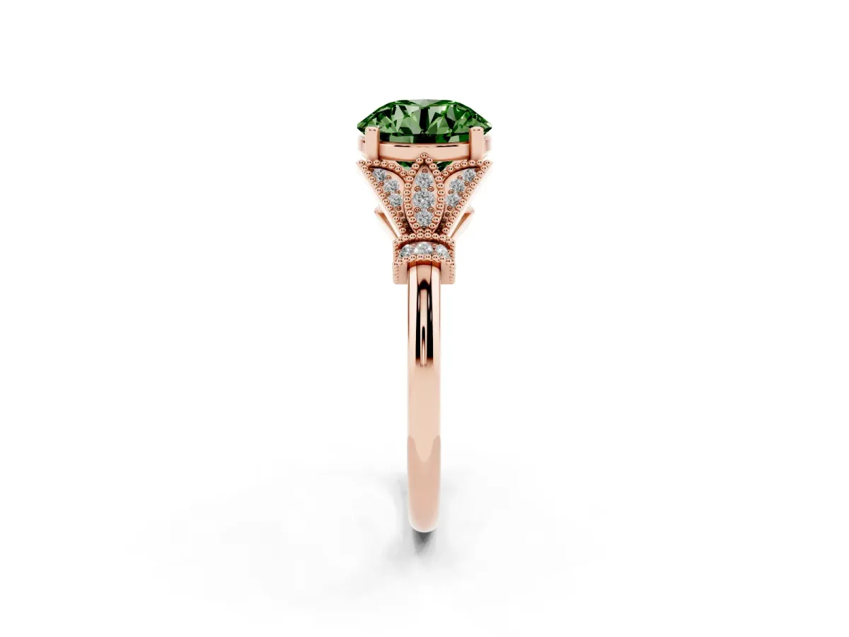 Fancy Green Round Cut Diamond Solitaire Ring with Floral Filigree and Pave Accents Rose gold