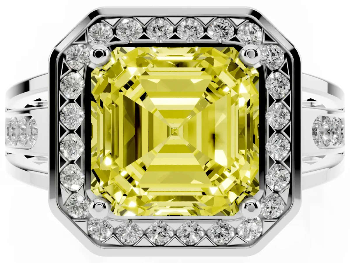 Fancy Yellow Asscher Cut Diamond Halo Ring with Split Shank and Bezel Accents and Prong Setting Silver