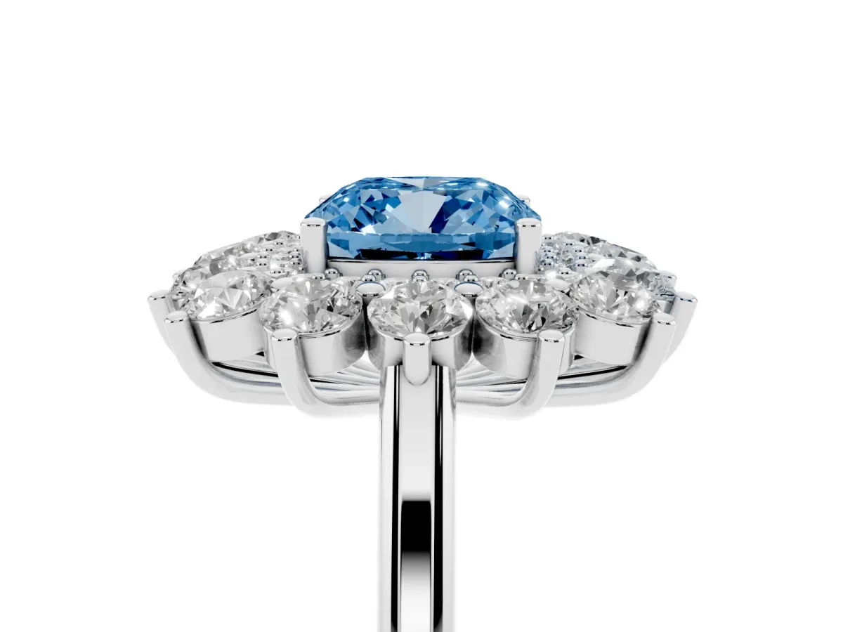 Fancy Blue Cushion Cut Diamond Floral Double Halo Engagement Ring with Prong Setting Platinum