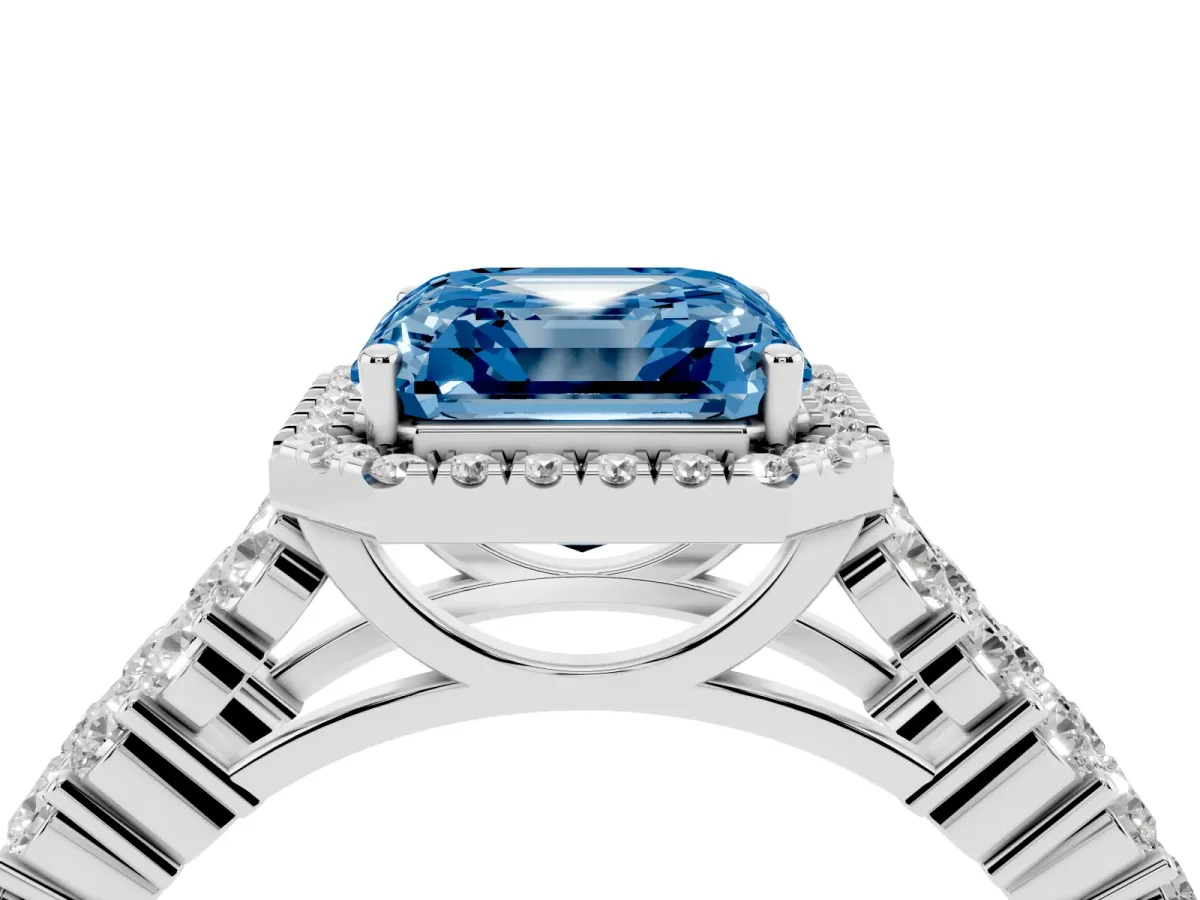 Fancy Blue Asscher Cut Diamond Halo Engagement Ring with Triple Row Round Pavé Band and Prong Setting Platinum