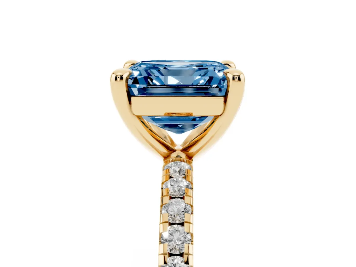Fancy Blue Asscher Cut Diamond Brilliant Solitaire Ring with Pavé Band and Four-Prong Setting Yellow gold