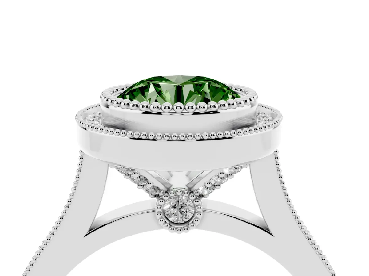 Fancy Green Round Cut Diamond Halo Ring with Milgrain Frame and Pavé Band Platinum