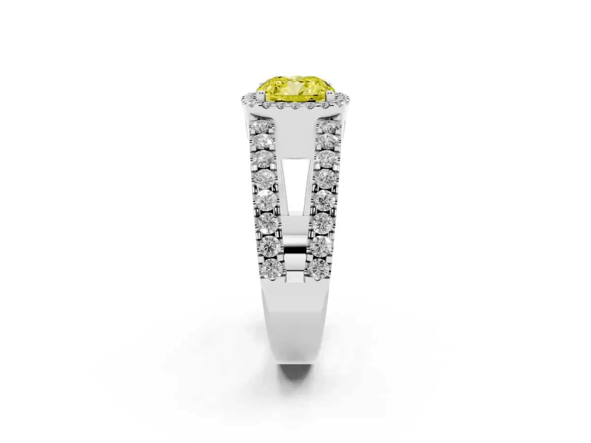 Fancy Yellow Cushion Cut Cut Halo Split Shank Diamond Ring with Four-Prong Setting Platinum