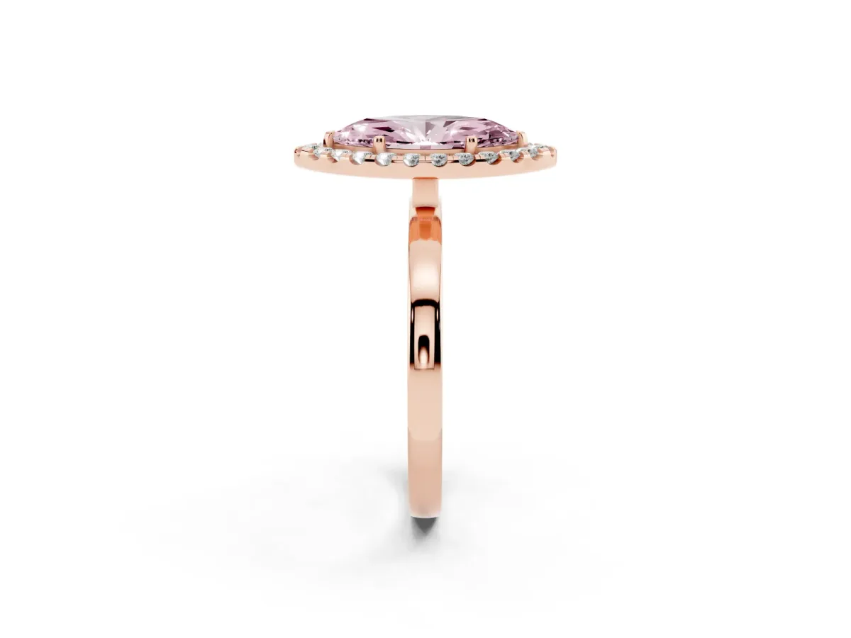 Fancy Pink Marquise Cut Halo Diamond Solitaire with Pavé Band and Four-Prong Setting Rose gold