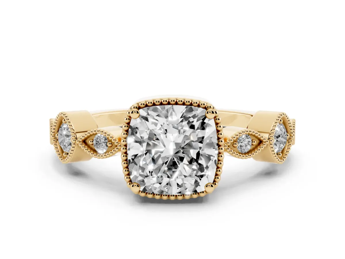 Cushion Cut Diamond Vintage Milgrain Ring with Round Stations Yellow gold