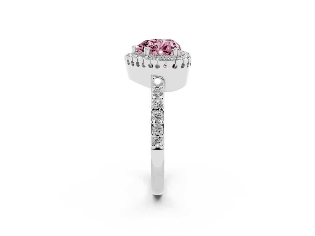 Fancy Pink Heart Cut Cut Diamond Halo Engagement Ring with Milgrain Detail and Pavé Band Silver
