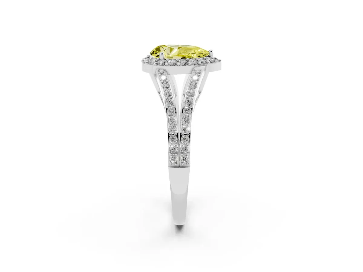 Fancy Yellow Pear Cut Halo Split Shank Pave Diamond Ring with Four-Prong Setting Platinum