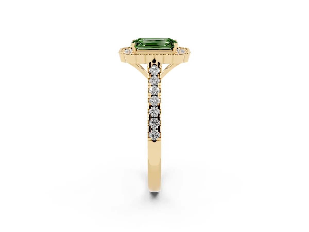 Fancy Green Emerald Cut Cut Diamond Milgrain Floral Halo Engagement Ring with Pavé Band Yellow gold