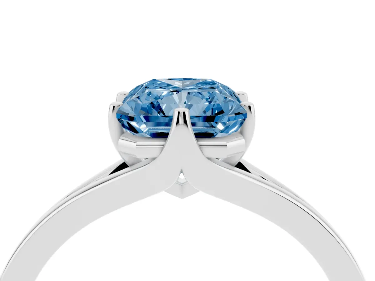Fancy Blue Radiant Cut Solitaire Diamond Ring with Six-Prong Setting and Tapered Band Silver