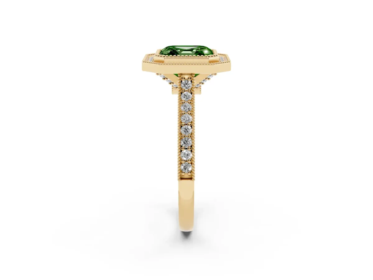 Fancy Green Halo Asscher Cut-Cut Diamond Pave Band Milgrain Prong Setting Ring Yellow gold