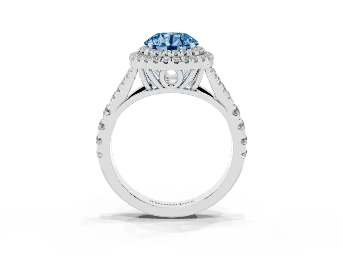 Fancy Blue Round Cut Diamond Double Halo Ring with Split Shank and Prong Setting White gold