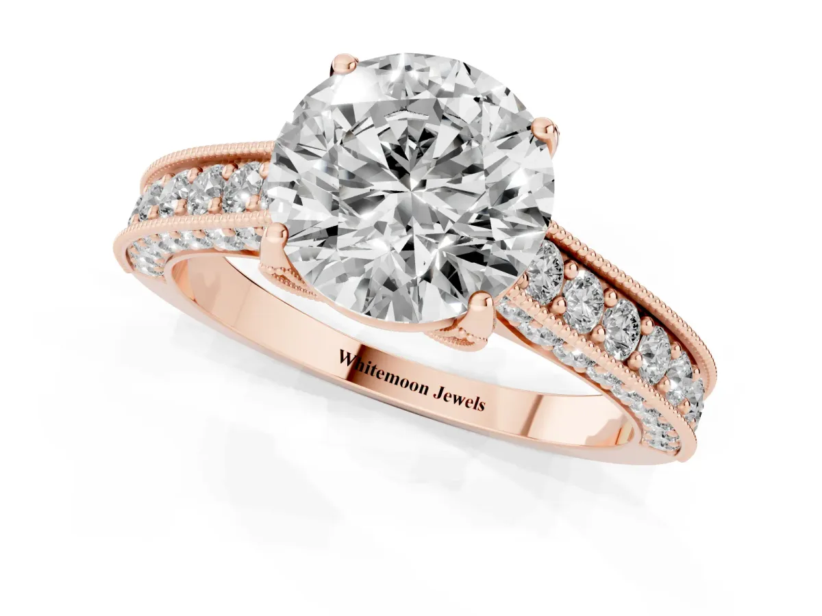 Round Cut Cut Diamond Solitaire Ring with Milgrain Pave Band and Four Prong Setting Rose gold