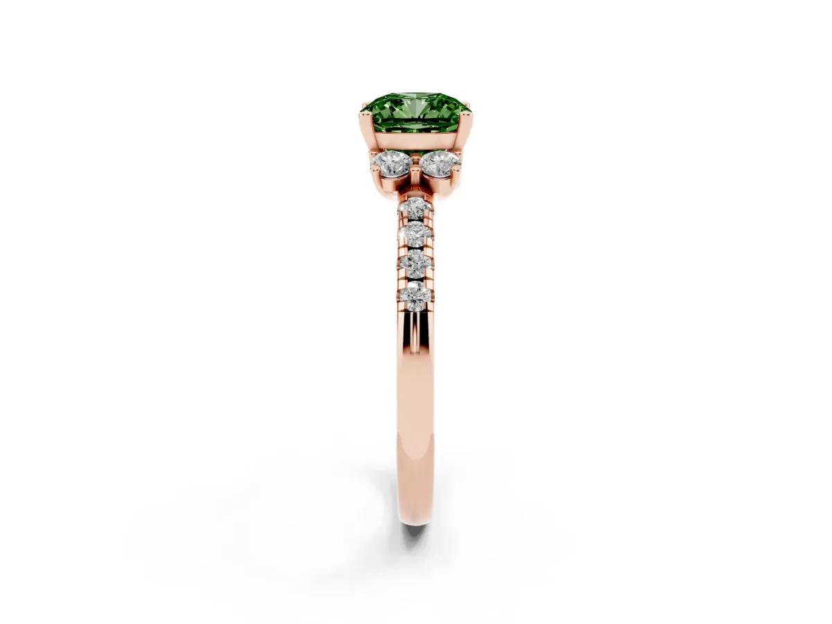 Fancy Green Cushion Cut Diamond Three-Stone Pave Band with Four-Prong Setting Rose gold