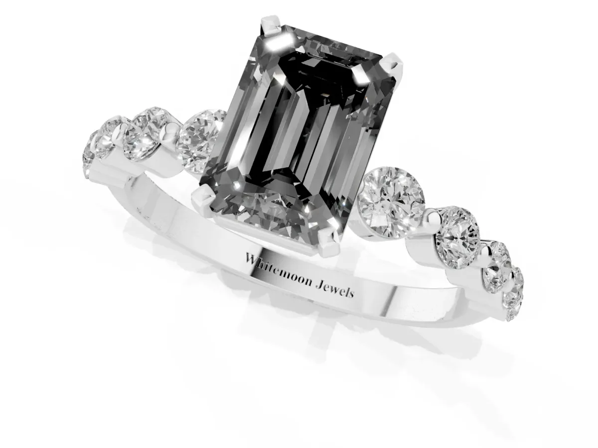 Fancy Black Emerald Cut Solitaire Diamond Ring with Pave Band and Four-Prong Setting Silver