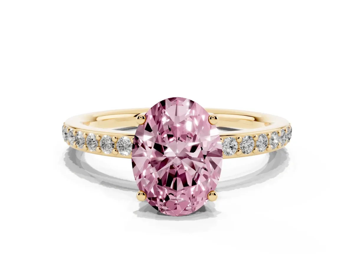 Fancy Pink Oval Cut Cut Diamond Pavé Band Ring with Four-Prong Setting Yellow gold