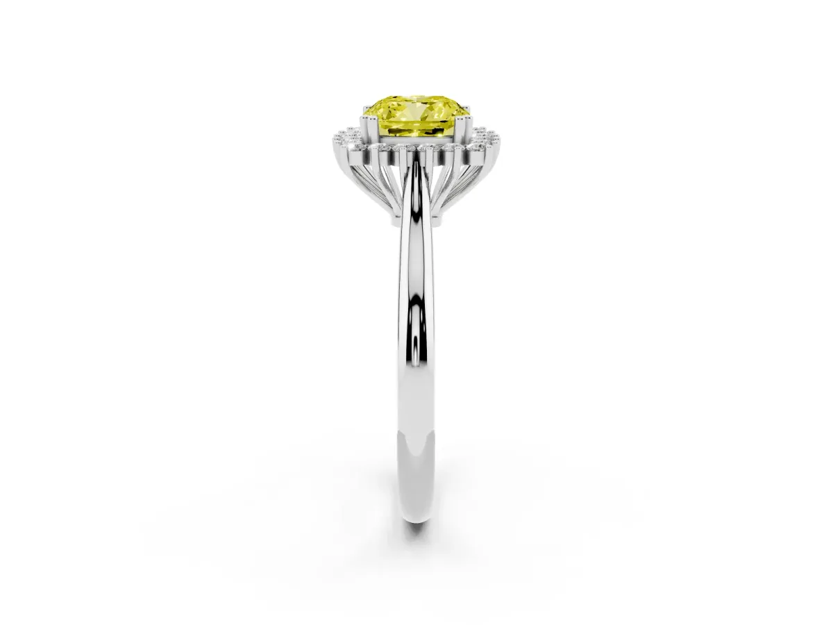 Fancy Yellow Cushion Cut Cut Diamond Halo Ring with Solitaire Band and Prong Setting White gold