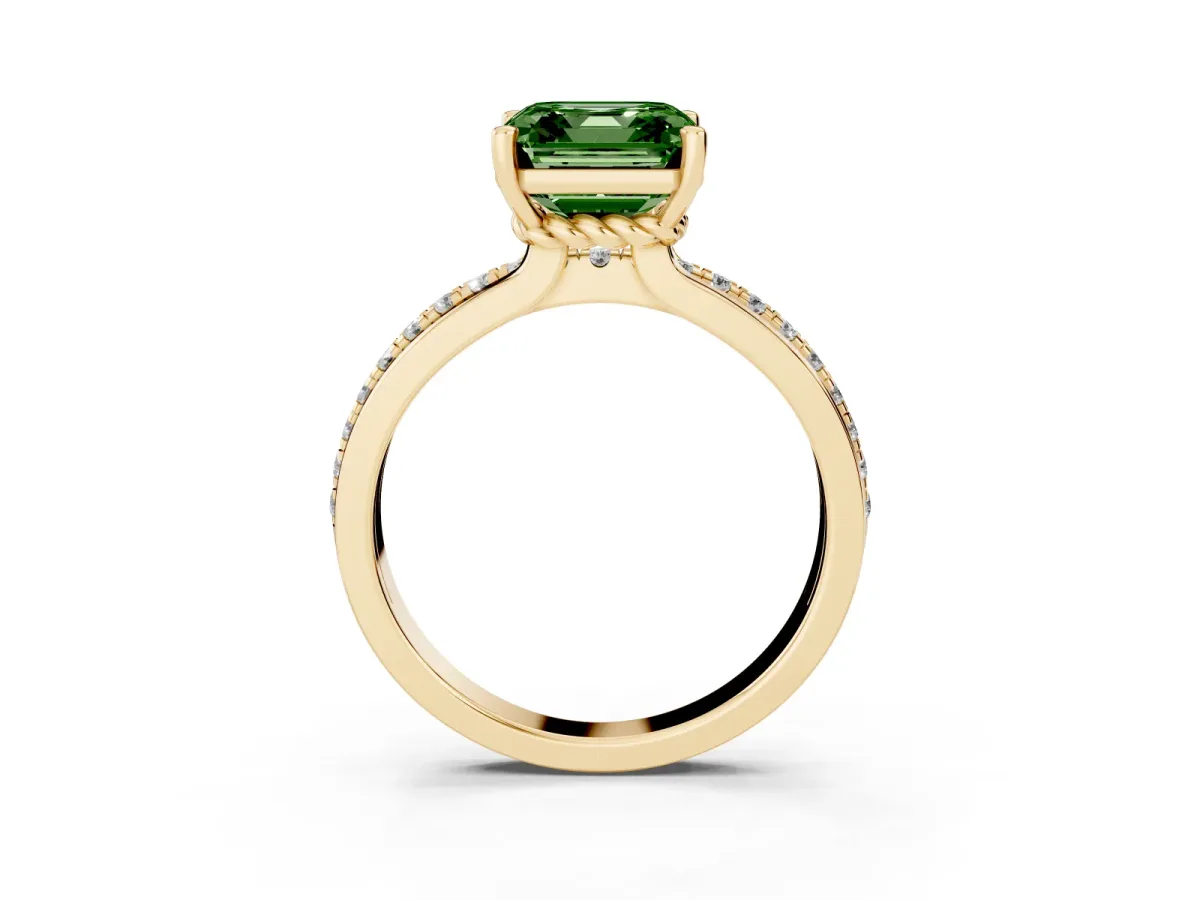 Fancy Green Asscher Cut Solitaire Diamond Ring with Channel Set Band and Six-Prong Setting Yellow gold