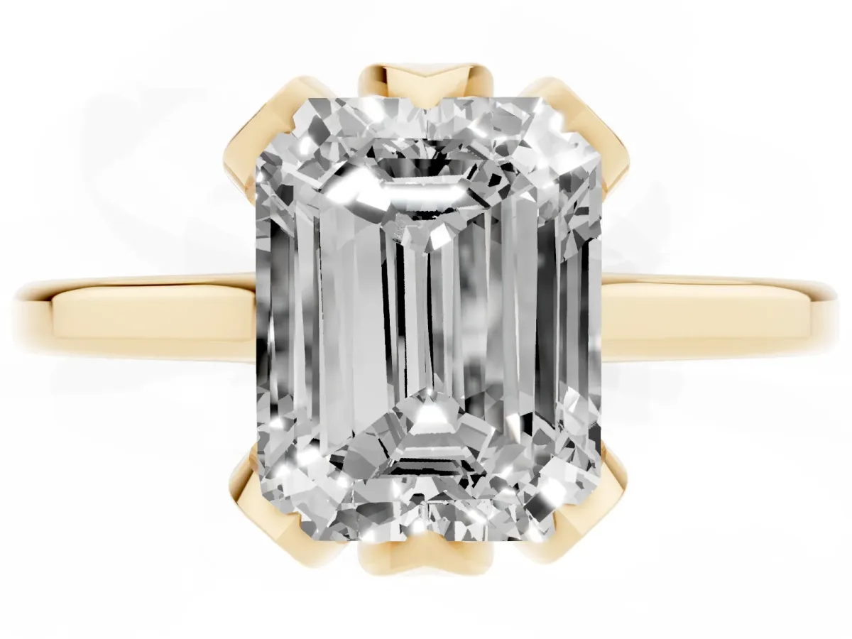 Emerald Cut Diamond Solitaire Ring with Flower Prong Setting and Classic Band Yellow gold