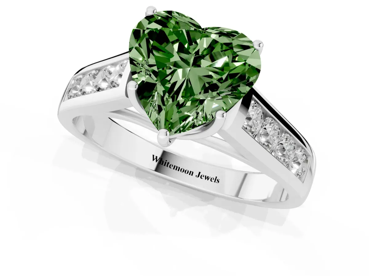 Fancy Green Heart Cut Brilliant Channel-Set Solitaire Ring with Four-Prong Setting Platinum