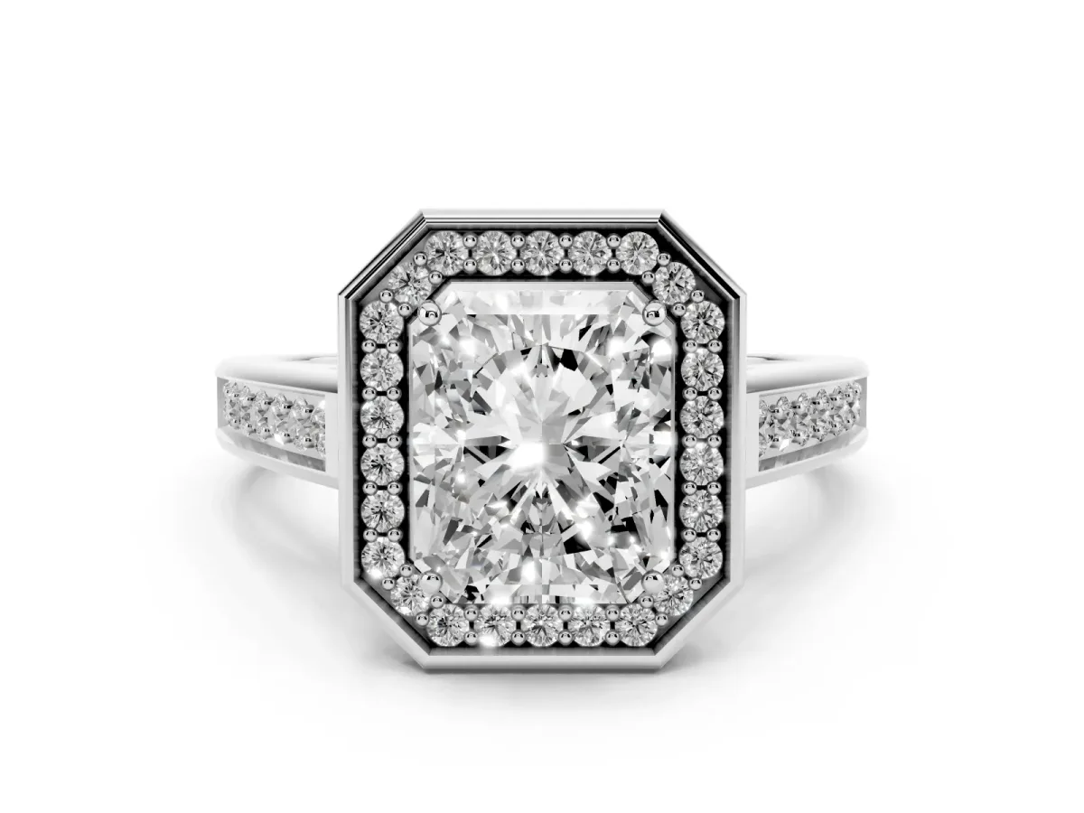Emerald Cut Halo Solitaire Diamond Ring with Pave Band and Bezel Setting Silver