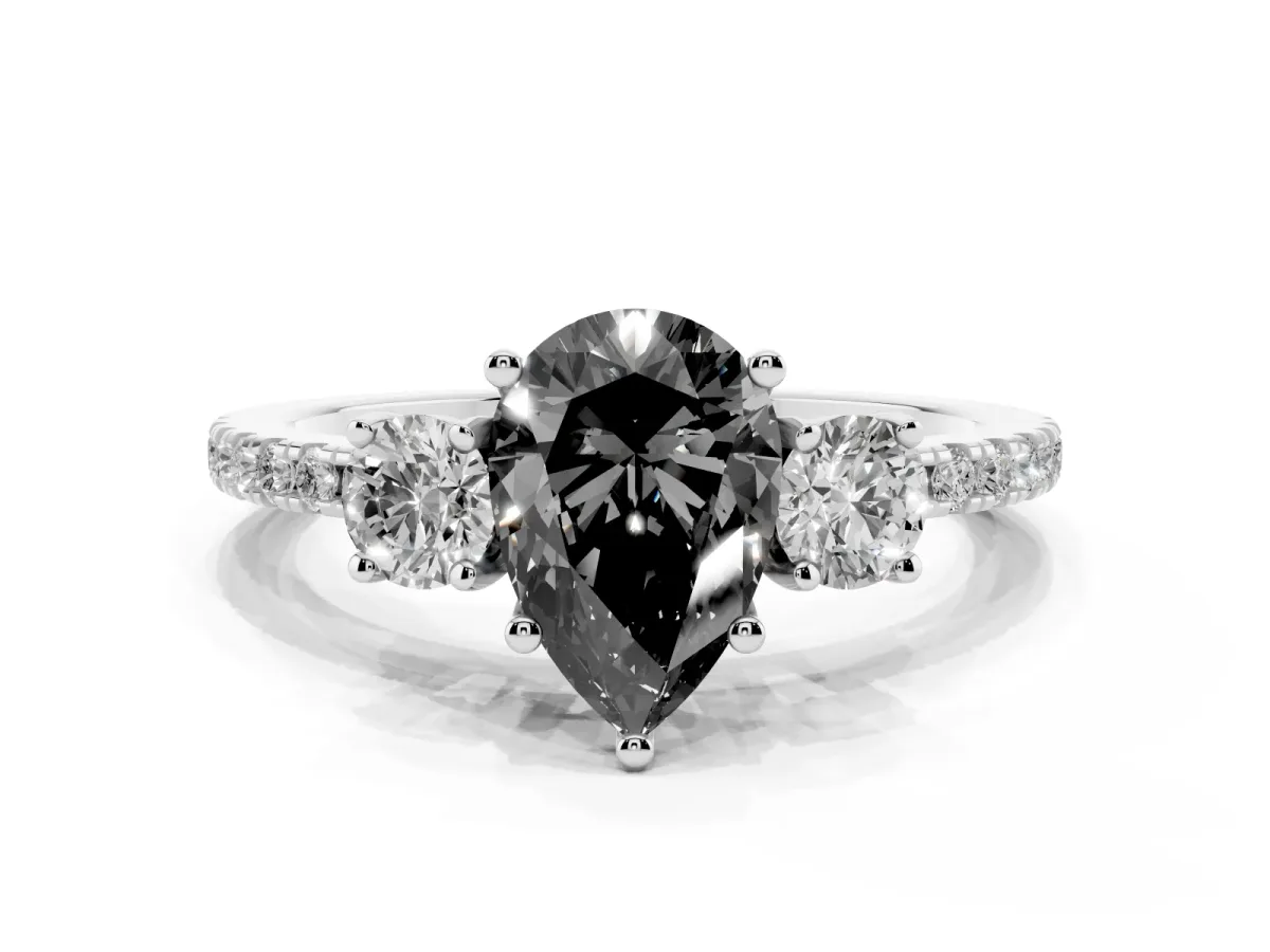 Fancy Black Three-Stone Pear Cut Cut Diamond Pavé Band with Prong Setting Silver