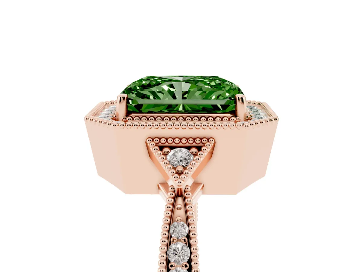 Fancy Green Radiant Cut Halo Round Diamond Milgrain Pave Engagement Ring Rose gold