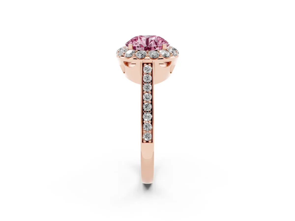 Fancy Pink Round Cut Diamond Floral Halo Ring with Pavé Band and Prong Setting Rose gold