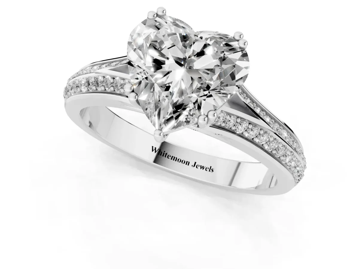 Heart Cut Diamond Split Shank Engagement Ring with Pavé Band Silver