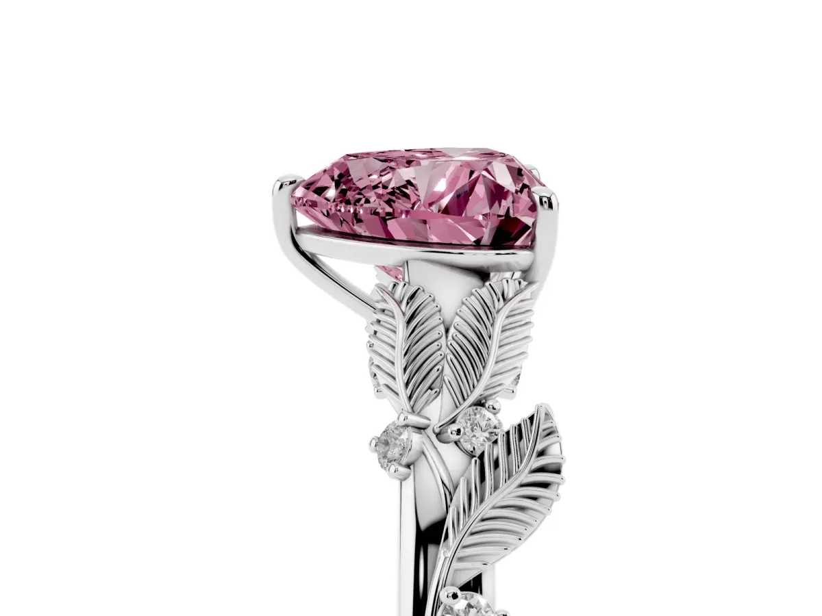 Fancy Pink Heart Cut Diamond Solitaire Ring with Leaf Motif Band and Four-Prong Setting Silver
