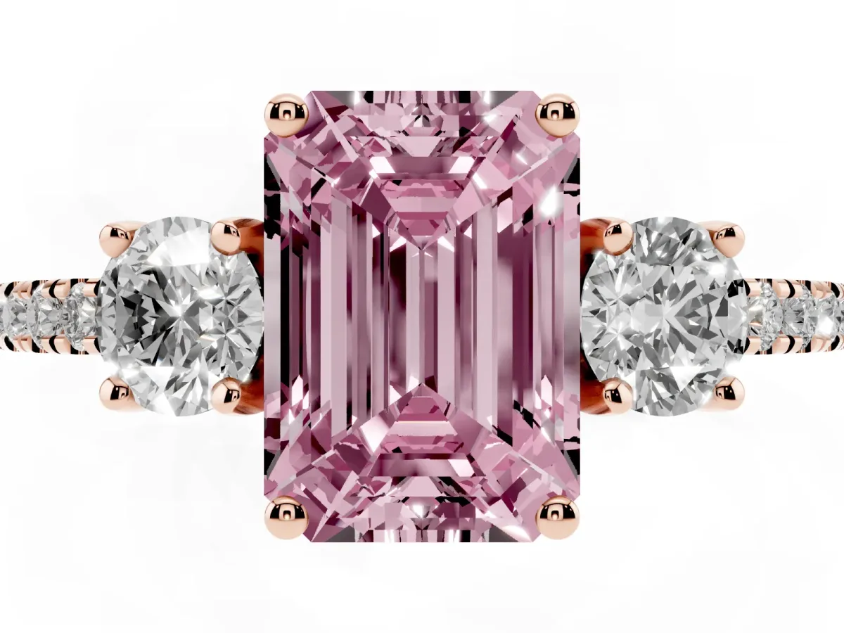 Fancy Pink Three-Stone Emerald Cut Cut Diamond Pavé Band with Prong Setting Rose gold