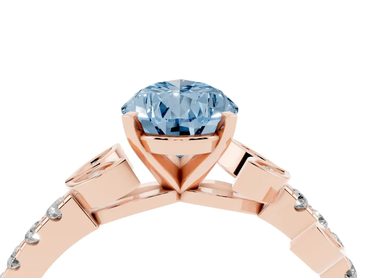 Fancy Blue Pear Cut Solitaire Leaf-Inspired Diamond Ring with Pavé Band and Four-Prong Setting Rose gold