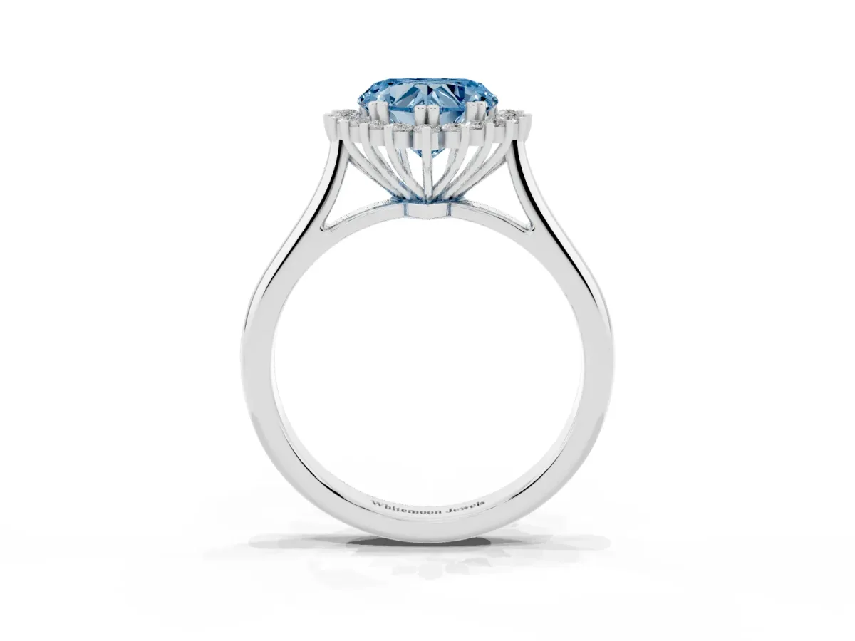 Fancy Blue Heart Cut Cut Diamond Halo Ring with Solitaire Band and Prong Setting Platinum